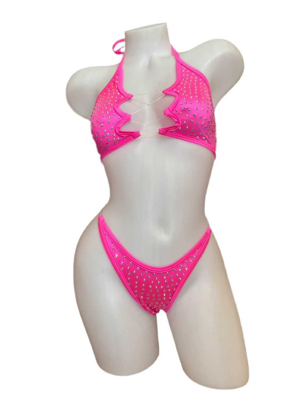 Rhinestone Zig Zag Halter and High Waisted Panty Hot Pink