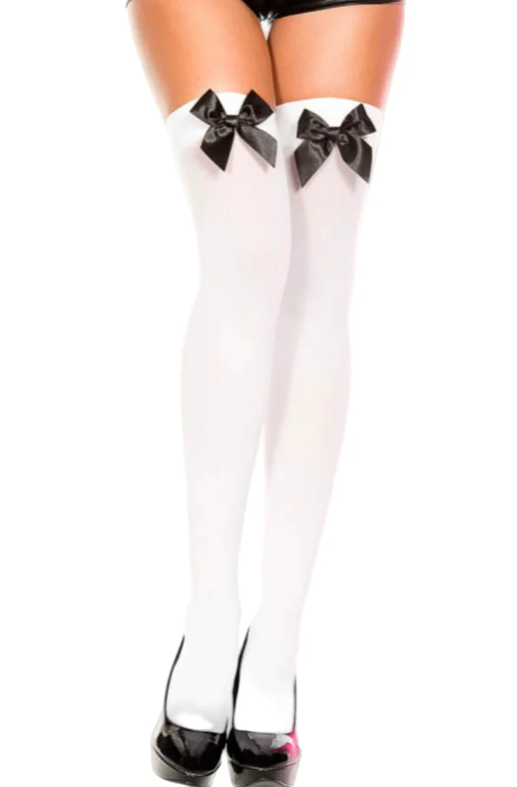 Satin Bow Opaque Thigh High White/Black