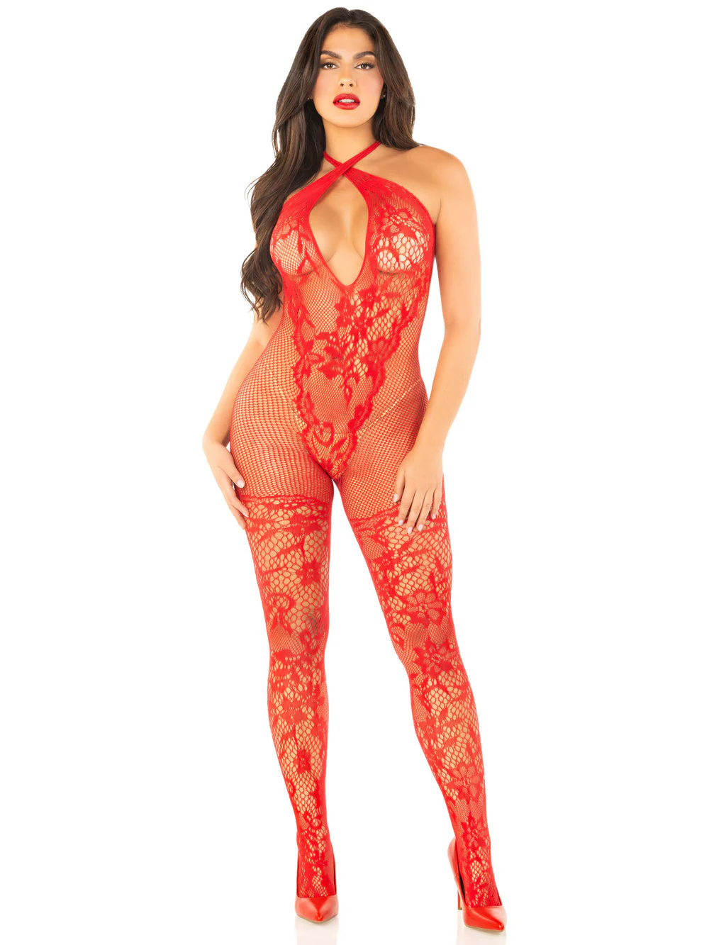 Seamless Net and Lace Lingerie Jumpsuit Red