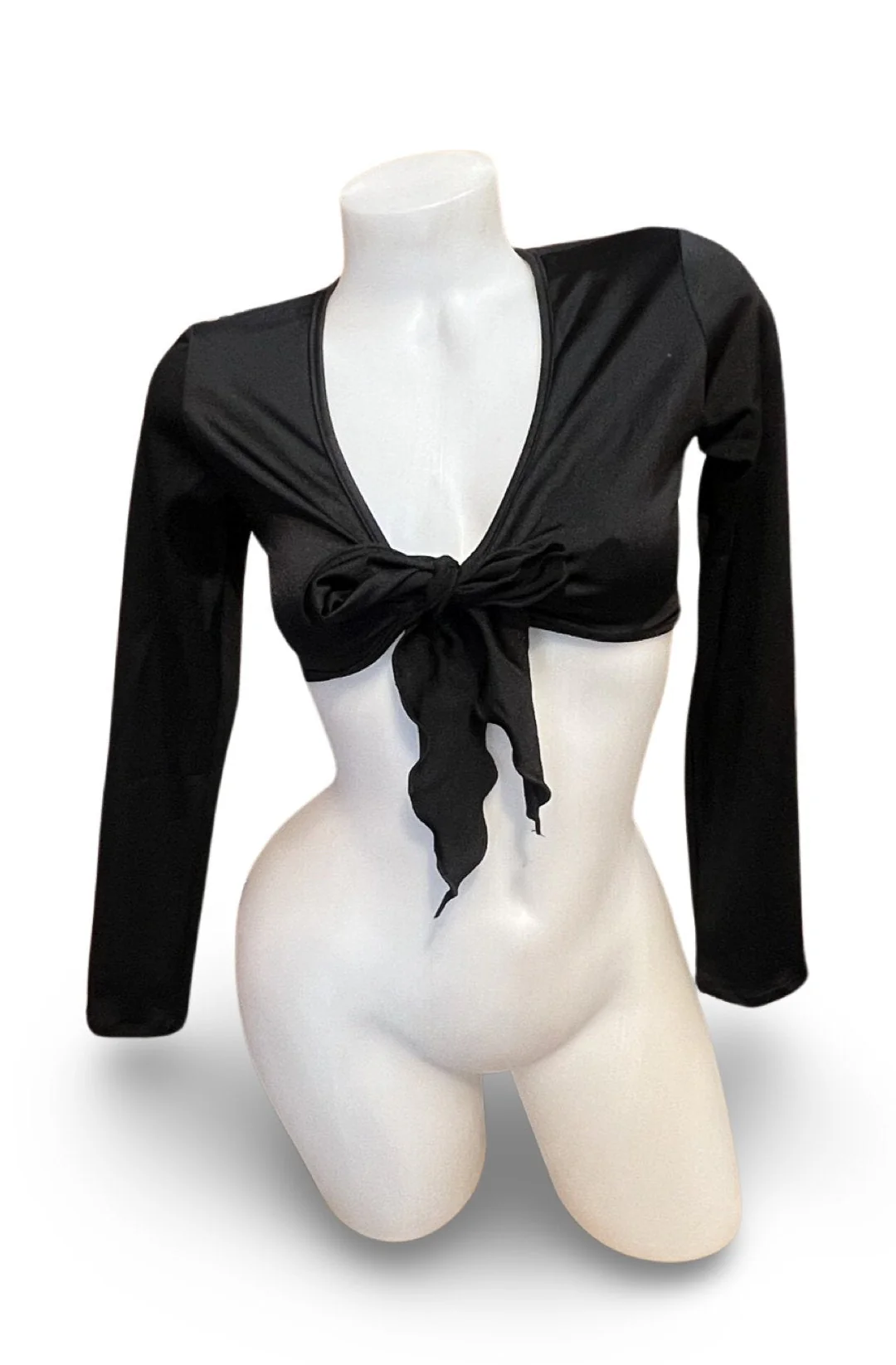 Sleeved Front Tie Crop Top Solid Black