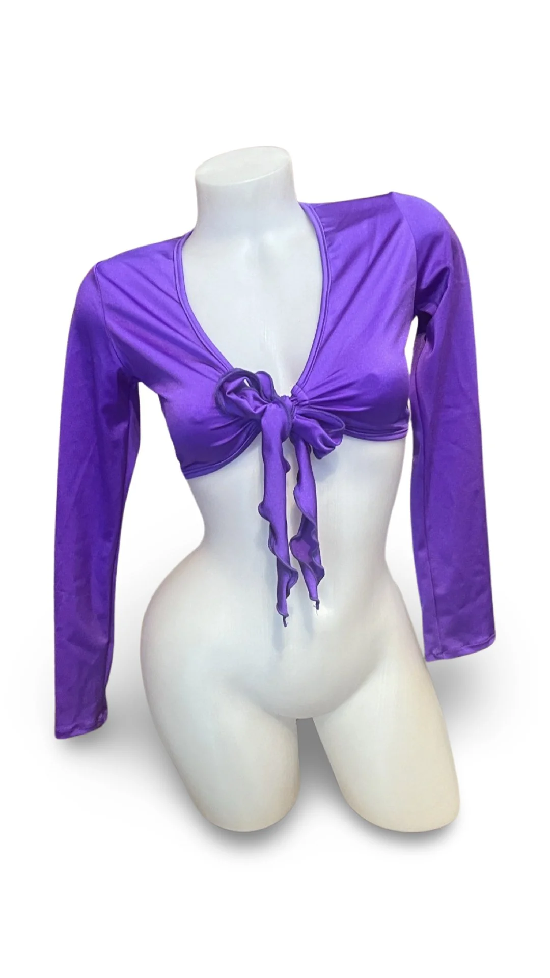 Sleeved Front Tie Crop Top Solid Purple - Image 2