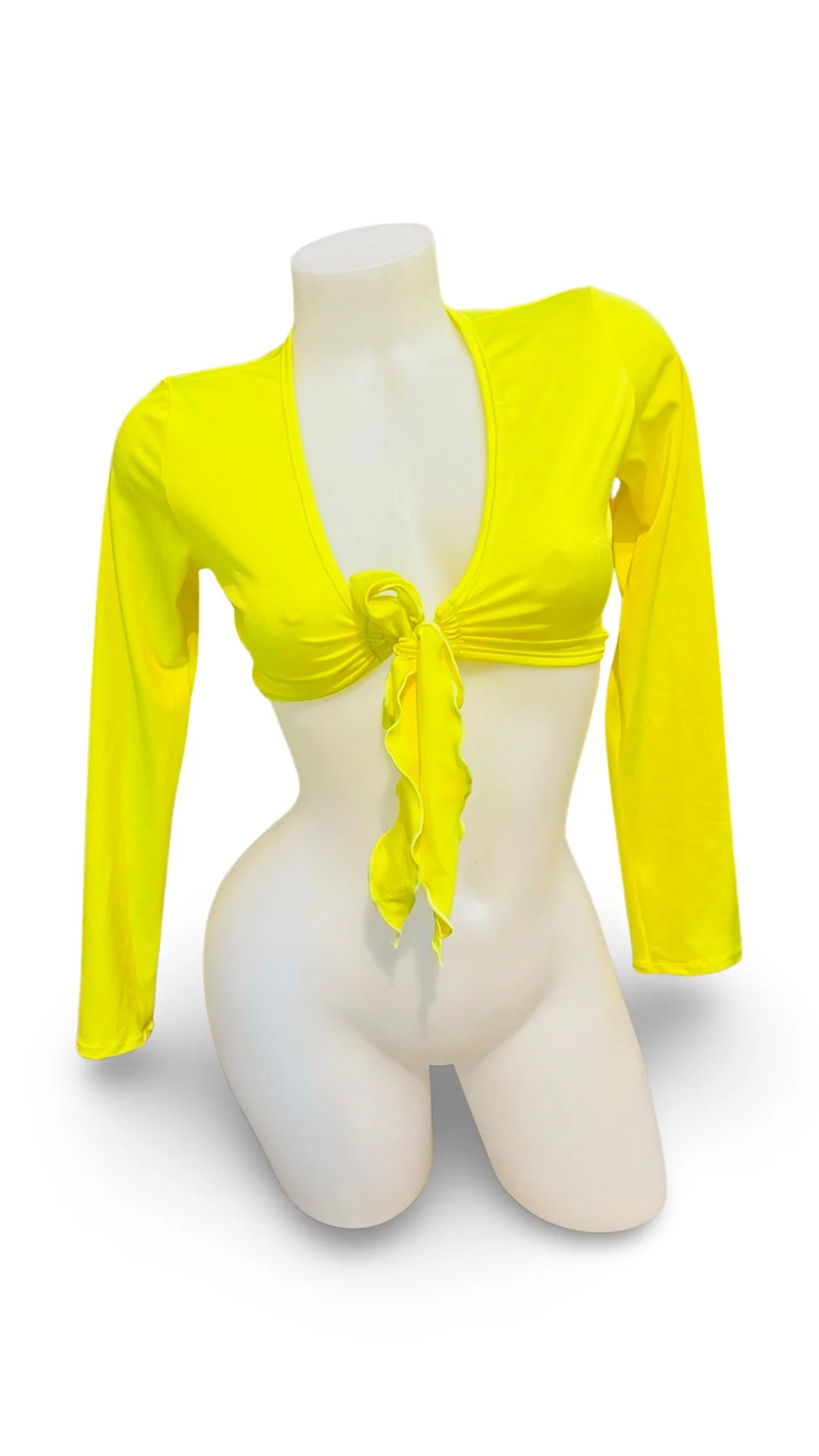 Sleeved Front Tie Crop Top Solid Neon Yellow - Image 2