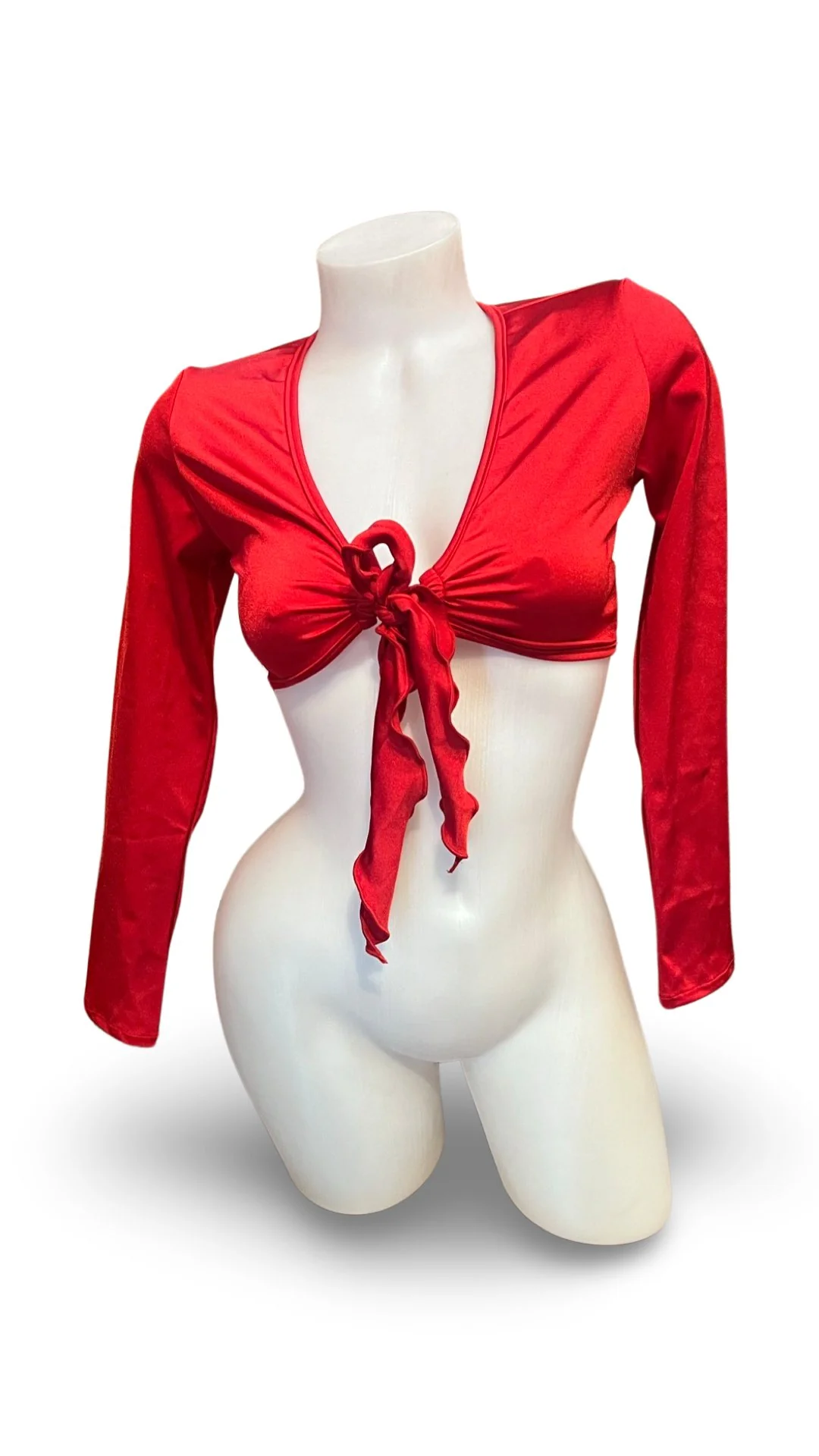 Sleeved Front Tie Crop Top Solid Red