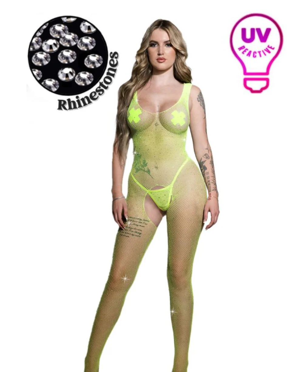 Sleeveless Rhinestone Net Bodystocking Green