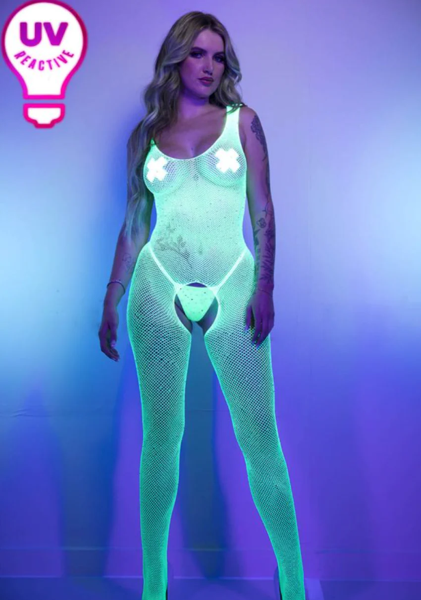 Sleeveless Rhinestone Net Bodystocking Green - Image 3