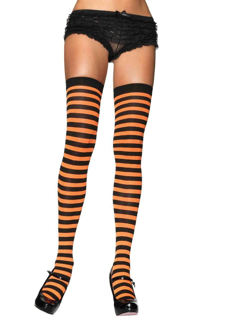 Striped Nylon Thigh Highs Black/Orange