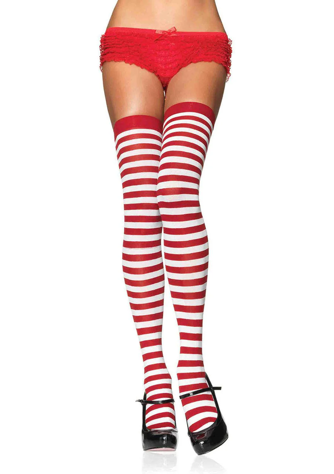 Striped Nylon Thigh Highs White/Red