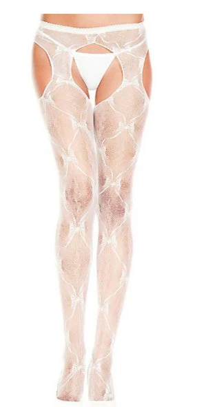 Suspender Bow Lace Pantyhose White