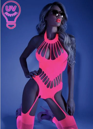 UV High Collar Footless Bodystocking Pink
