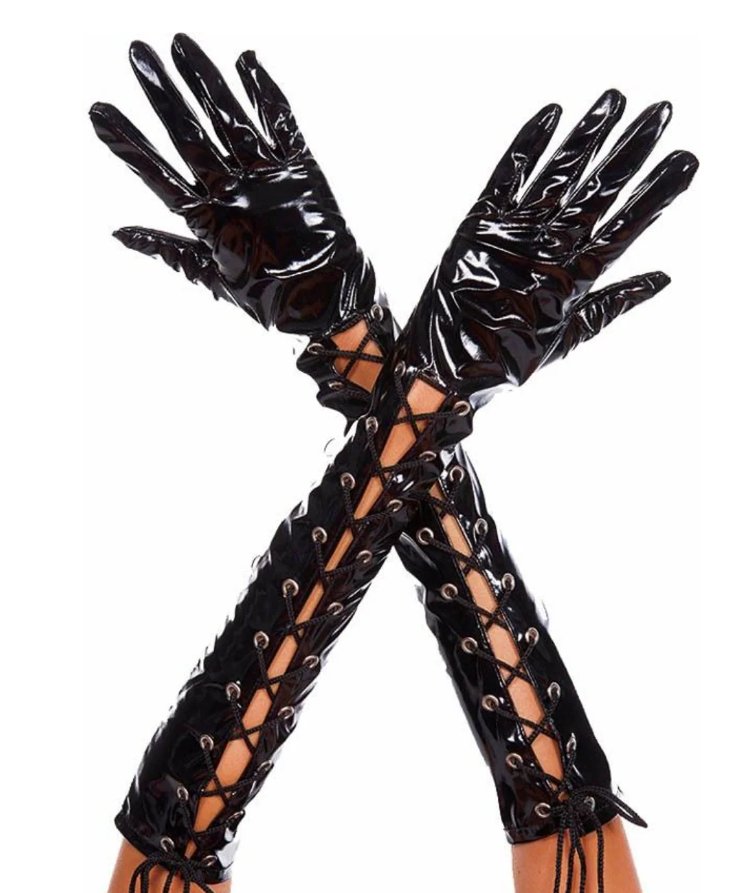 Wet Look Ribbon Lace Up Gloves Black