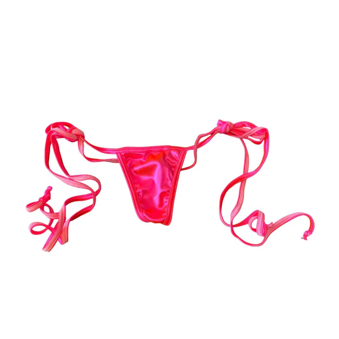Y-Back Glossy G-string with Side Ties - Neon Pink